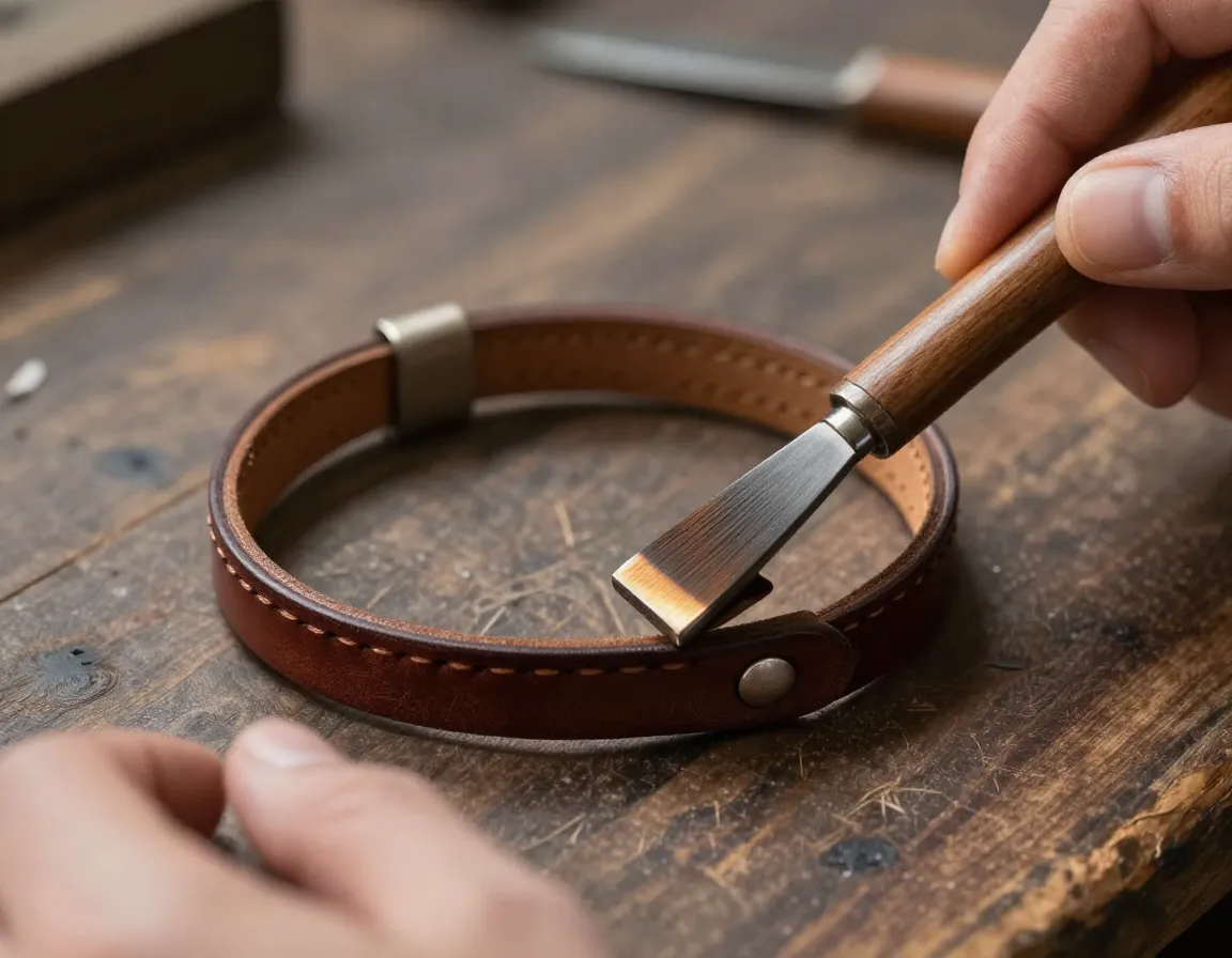Artisan crafting a leather bracelet